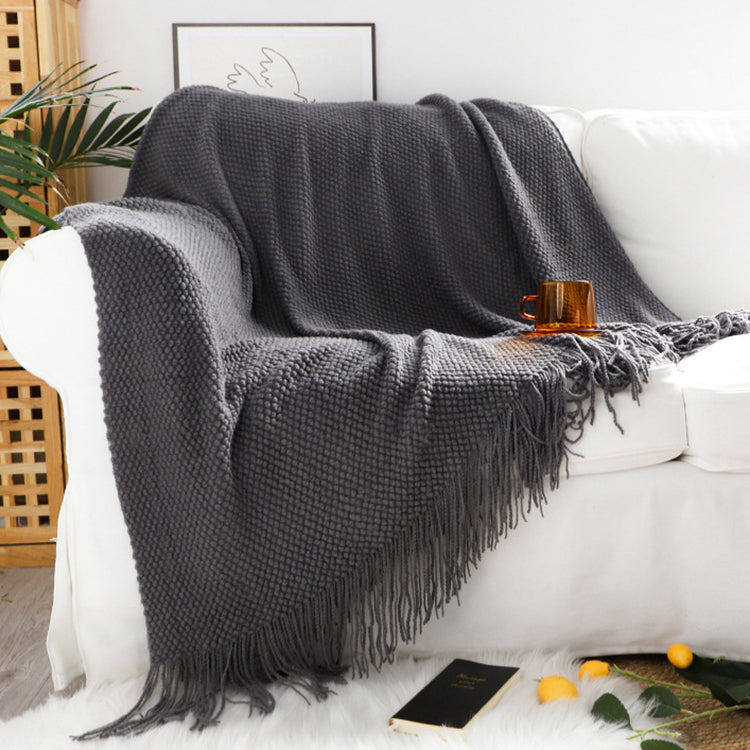 Dark Grey Knitted Throw Blanket with Tassels Warm Cozy