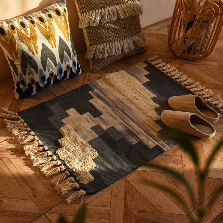 Sunset Moroccan Tassel Trim Rectangle Rug Woven Linen Floor Mat – iKids