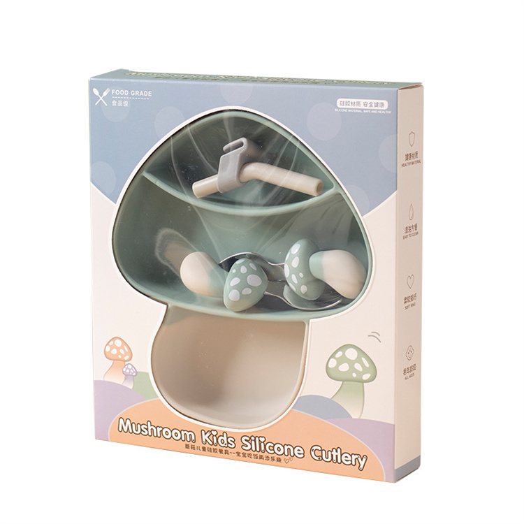 Mushroom Silicone 4 Pcs Tableware Set | Green - iKids