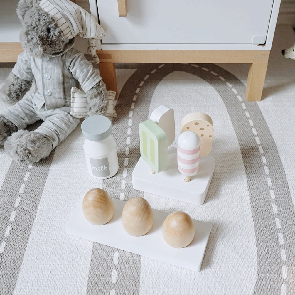 Nunukids Wooden Pretend Play Kitchen Refrigerator with Food