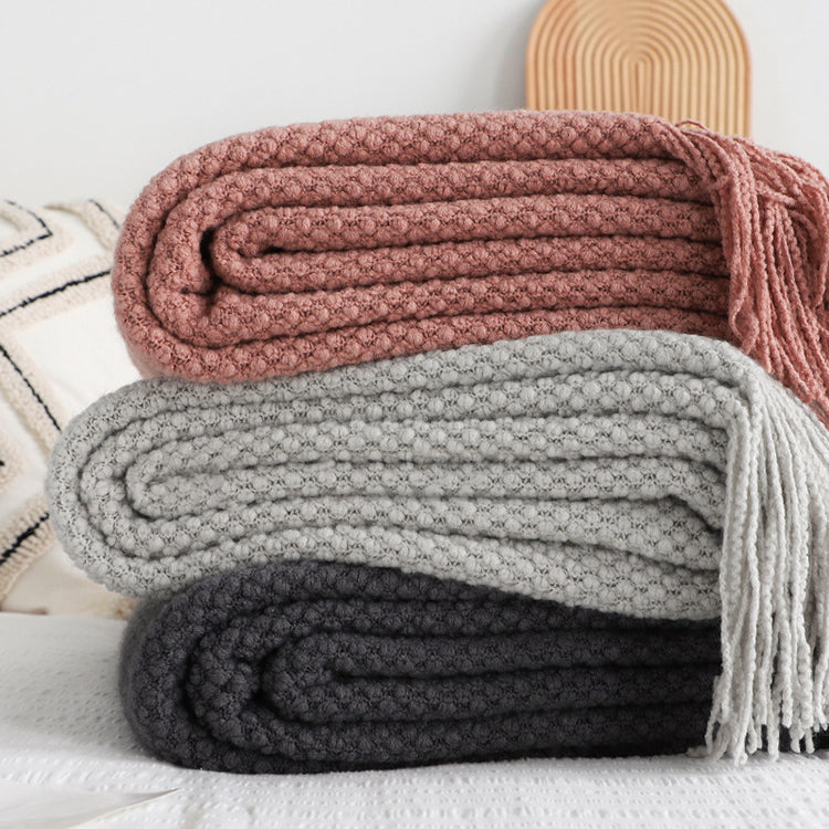 Knitted Throw Blanket with Tassels | Light Grey